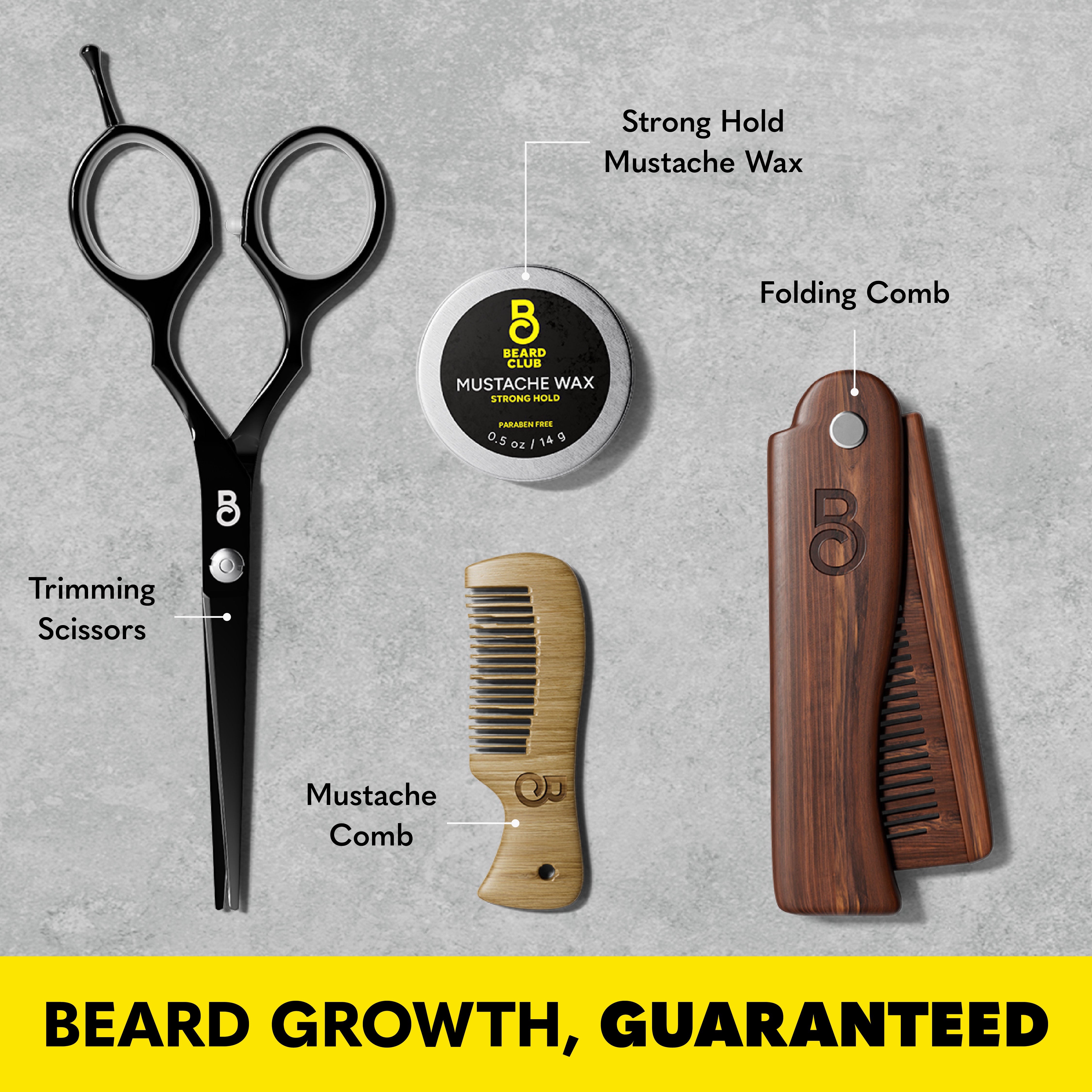 Image of beard club's grooming accessories, like mustache wax, comb, beard scissors, and more.