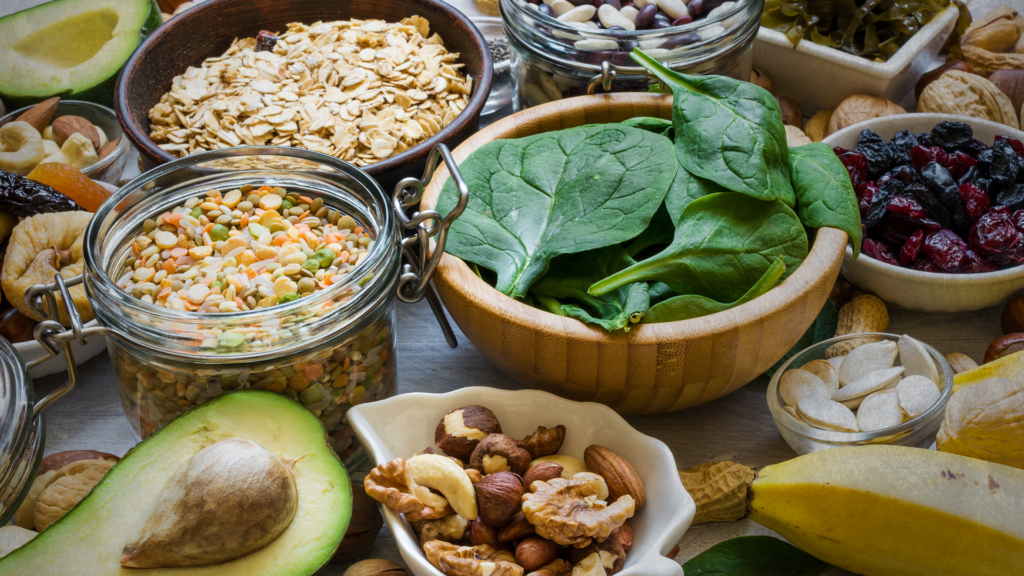 Vegetables, fruits, and nuts on table